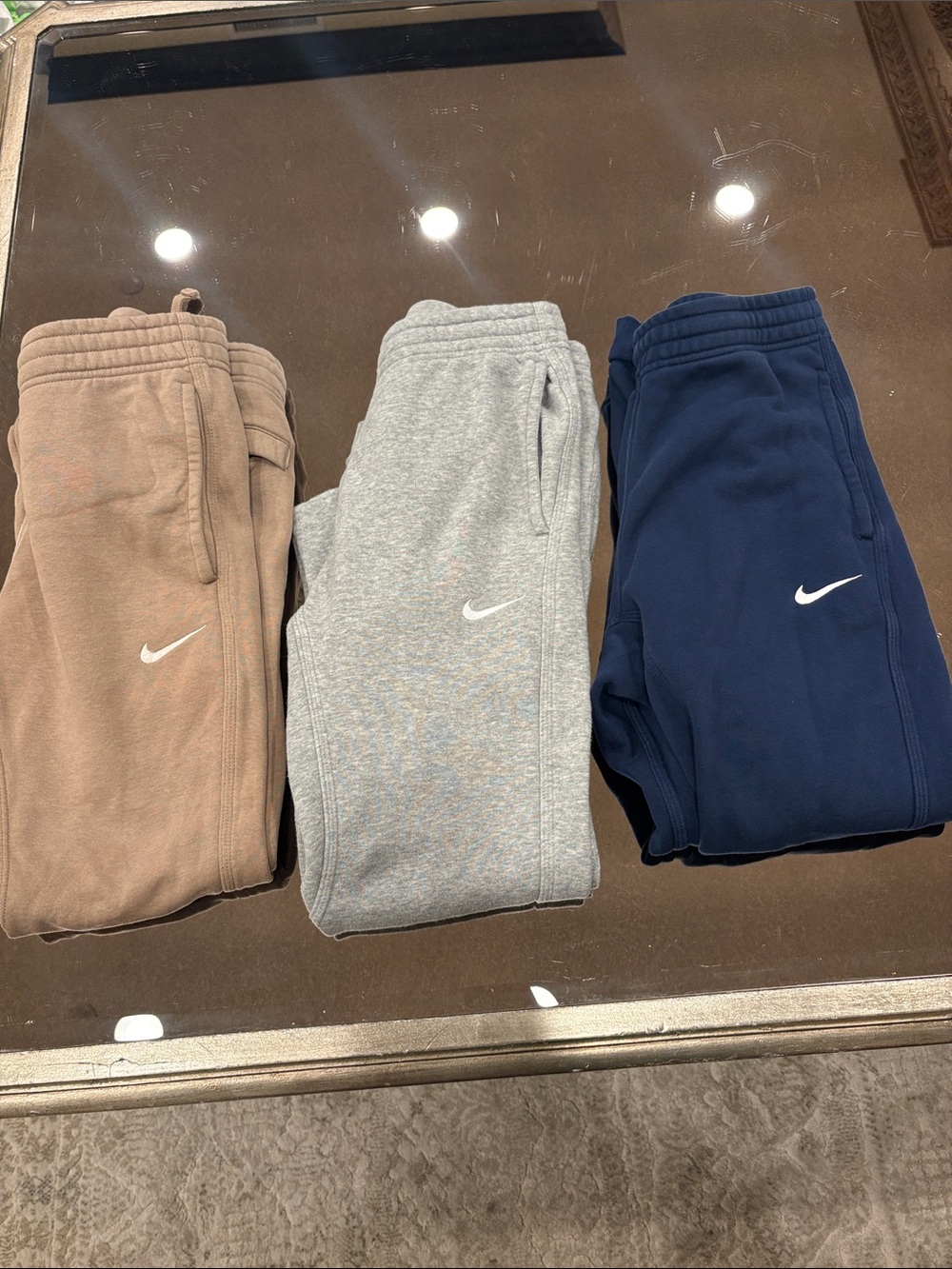 Nike Kids Joggers in Tan, Gray & Navy with Swoosh